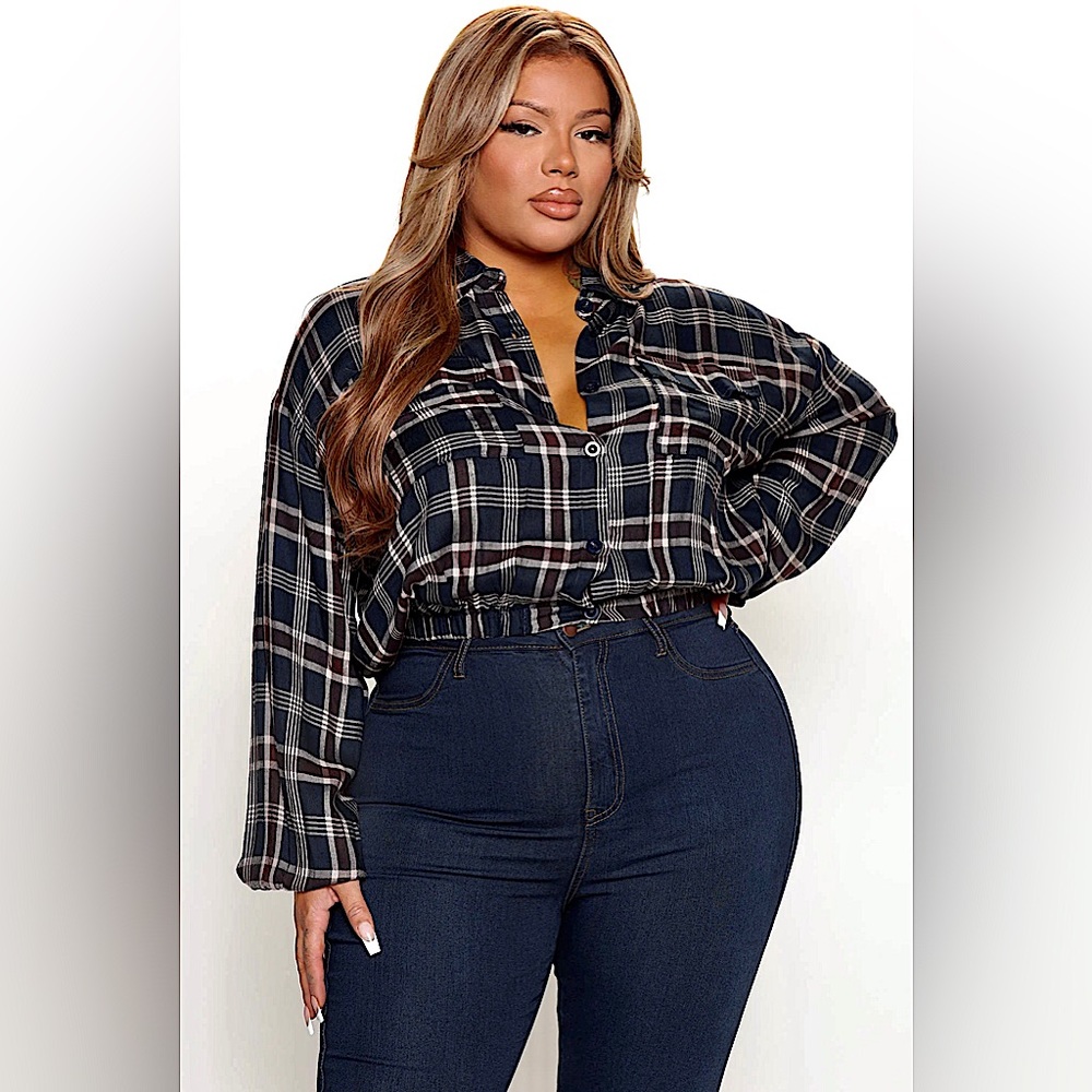 Fashion Nova Up For The Chase Plaid Shirt - Navy/combo - 1X